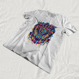Custom DYE t-shirt featuring vibrant color abstract design.