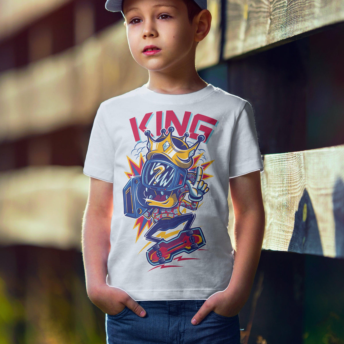 Boy wearing a white t-shirt with colorful 'KING' graphic design standing outdoors.