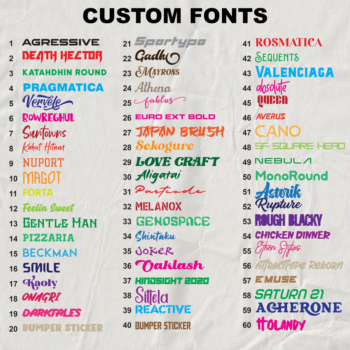 List of custom fonts for DIY t-shirt designs, showcasing a variety of playful and unique styles.
