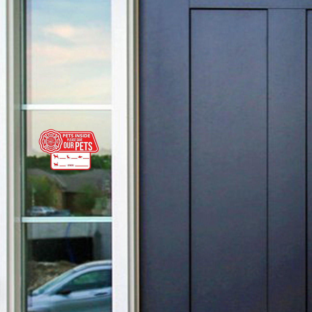 Pet alert emergency cling sticker on a window, indicating pets are inside the home for safety.