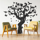 Large tree wall decal featuring birds and flowers.