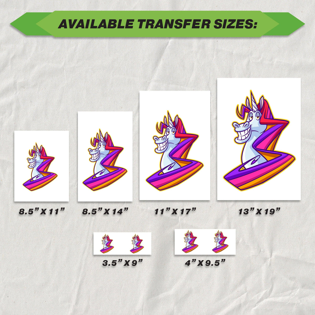 Image showcasing available transfer sizes for Custom Heat Sublimation Transfer featuring a colorful unicorn design.