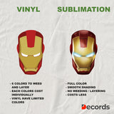 Comparison chart of vinyl and sublimation printing methods with superhero helmet graphics.