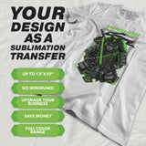 Custom design sublimation transfer on a t-shirt featuring a samurai graphic with vibrant colors and essential features.
