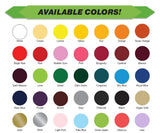 Available color options for custom iron on transfers including white, yellow, red, blue, green and more.