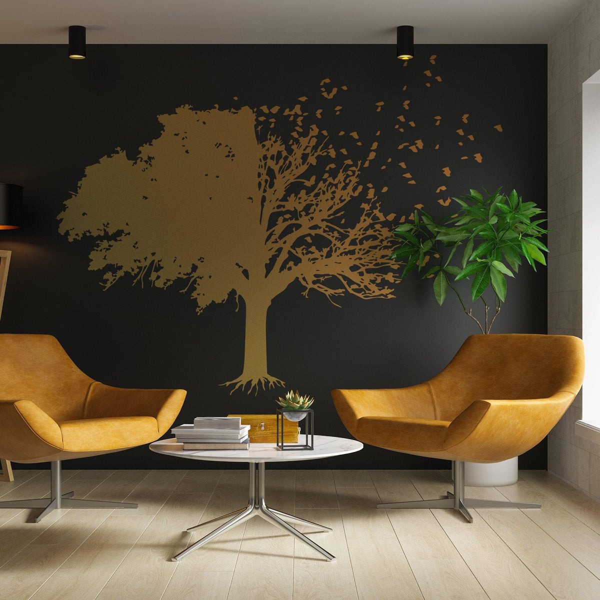 Elegant tree wall decal in gold, surrounded by birds, enhancing a modern living room with orange chairs and greenery.