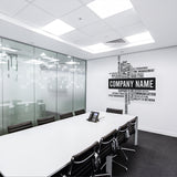 Custom Business Name Vinyl Wall Sticker in modern office meeting room with sleek decor and glass walls.