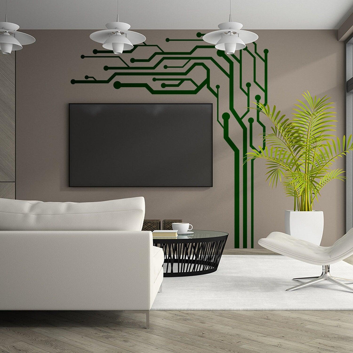 TV wall with circuit design vinyl decals in modern living room decor, featuring stylish furniture and indoor plants.