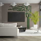 TV wall with circuit design vinyl decals in modern living room decor, featuring stylish furniture and indoor plants.