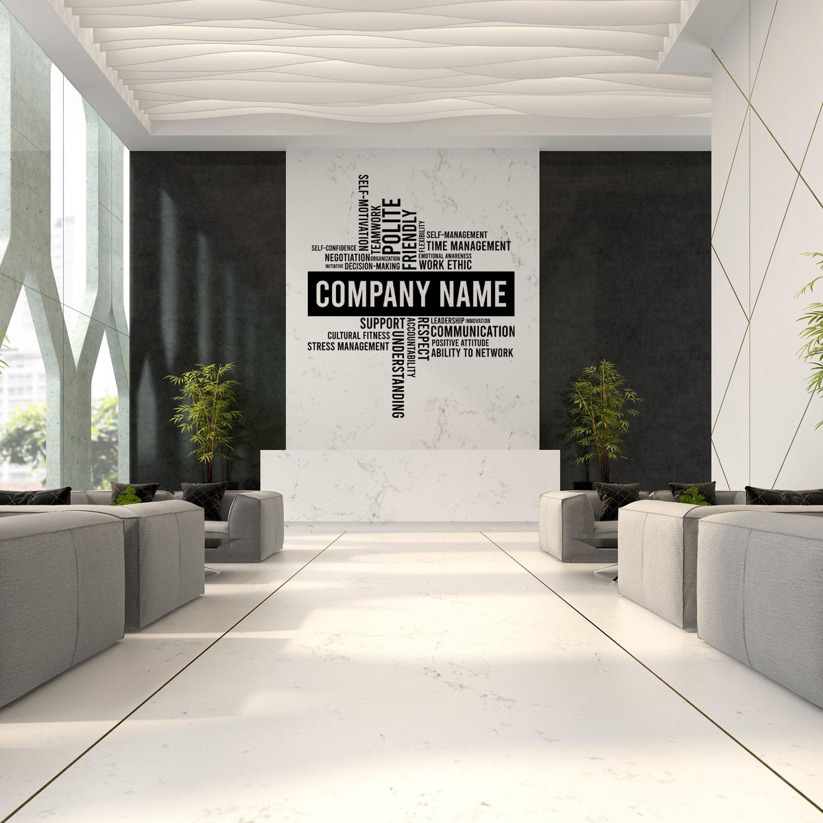Modern office interior featuring a customizable vinyl wall sticker with 'COMPANY NAME' and motivational keywords decor.