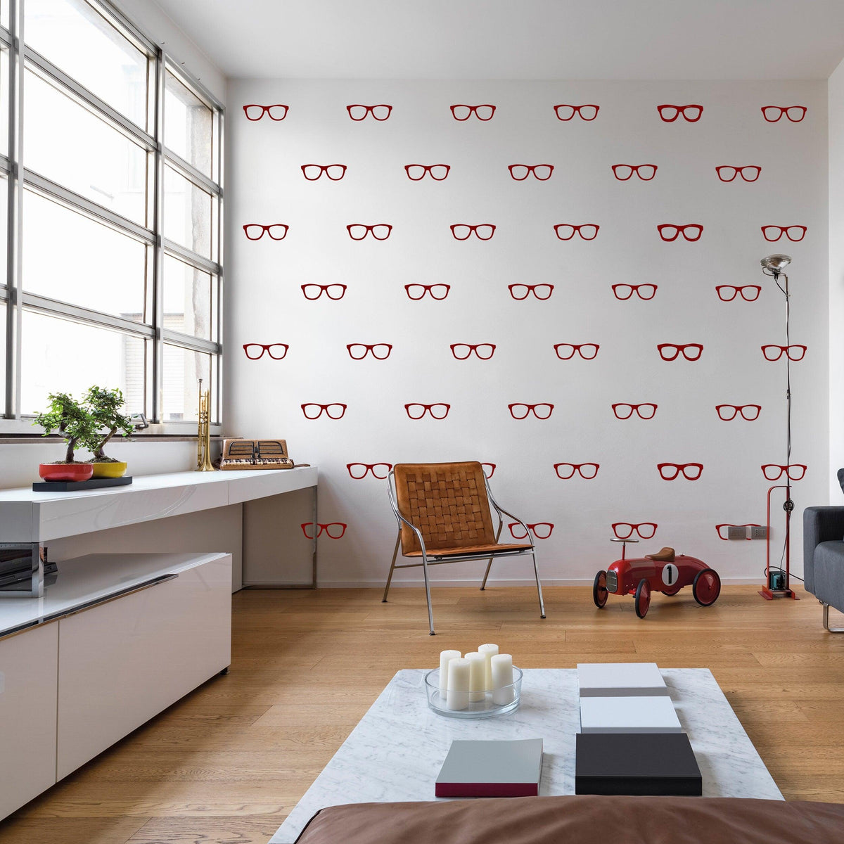 Stylish living room featuring 50x red glasses wall decals for modern home decor.