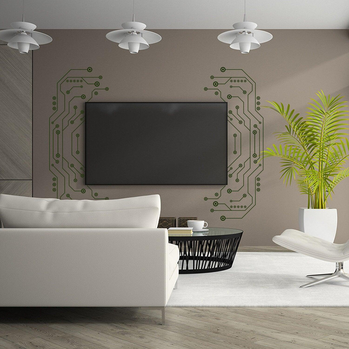 Modern living room with TV wall decor art vinyl decals resembling a circuit design.