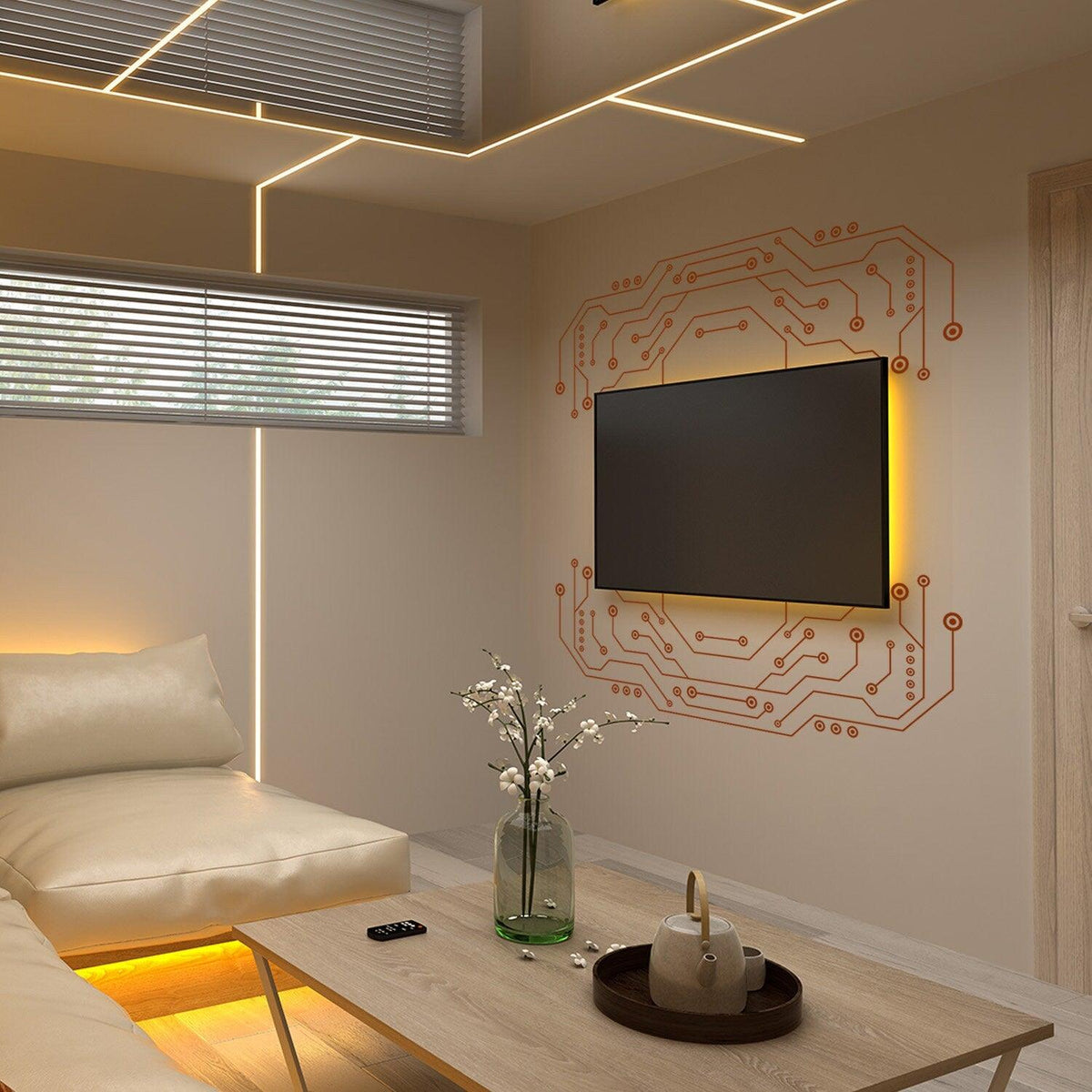 Modern living room with TV wall decor art vinyl decals and stylish furniture and lighting.