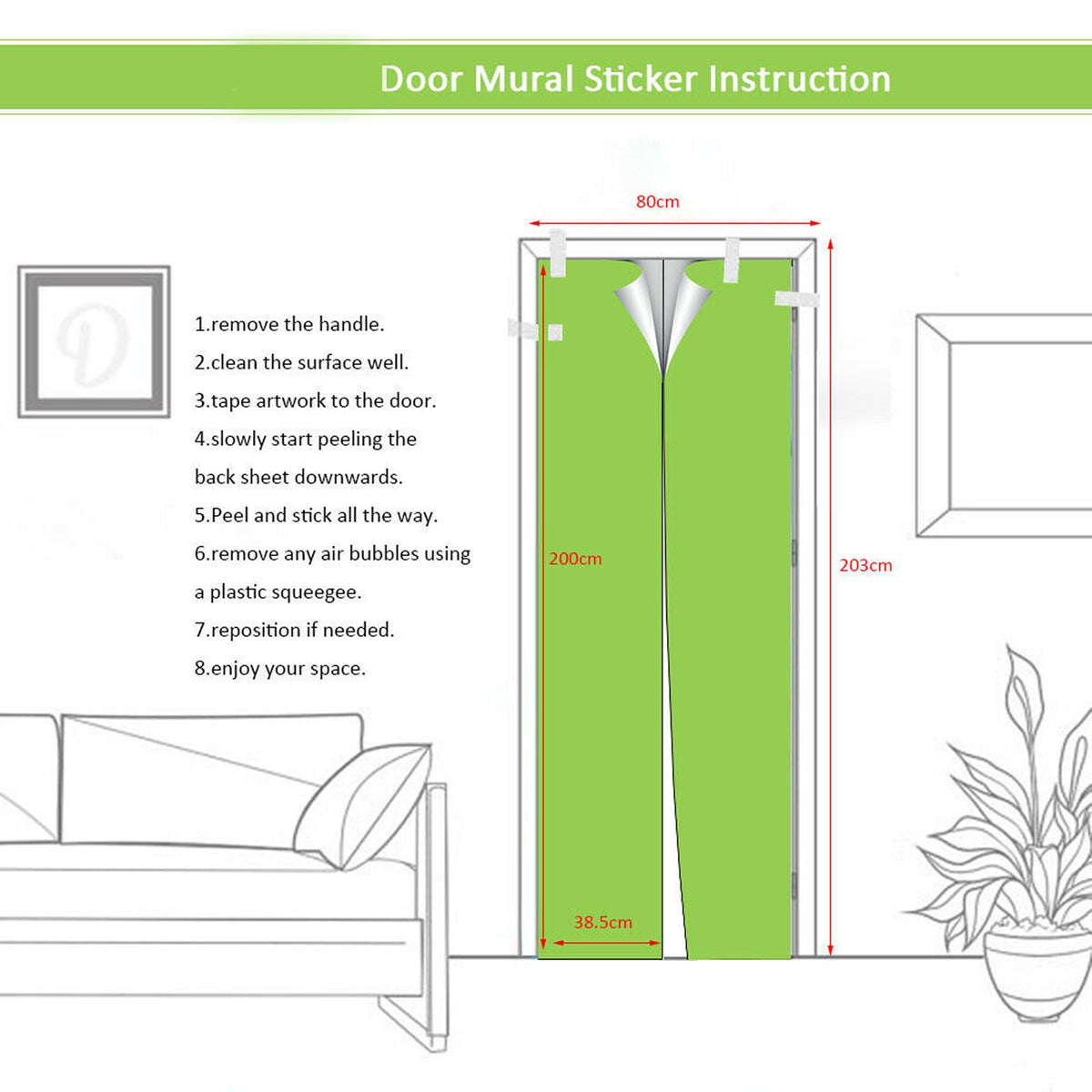 Instructions for applying the 3D Door Mural Sticker with detailed steps and measurements.