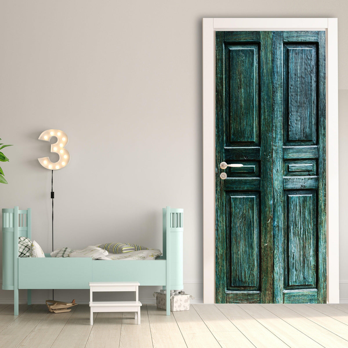 3D door cover sticker featuring a rustic teal barn door design, transforming a child's room with vibrant decor.