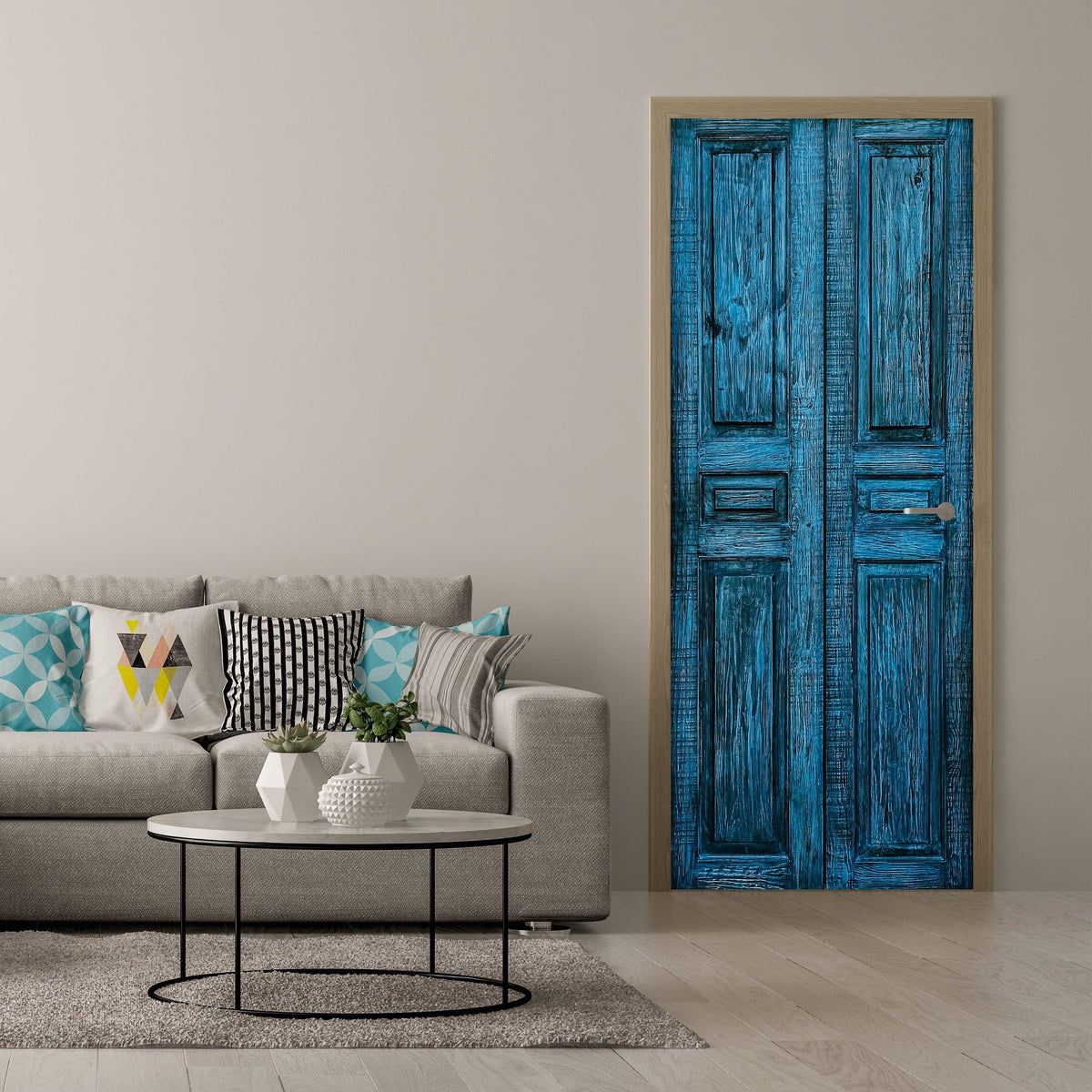 Blue barn door mural wall decal enhancing a cozy living room with modern decor and furnishings.