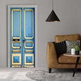3D door cover sticker featuring a rustic blue barn door design, enhancing home decor with vibrant colors.