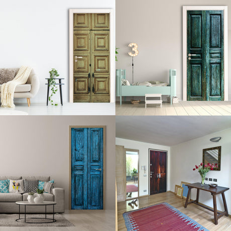 Collage of stylish 3D door cover stickers in various colors and designs for home decor.