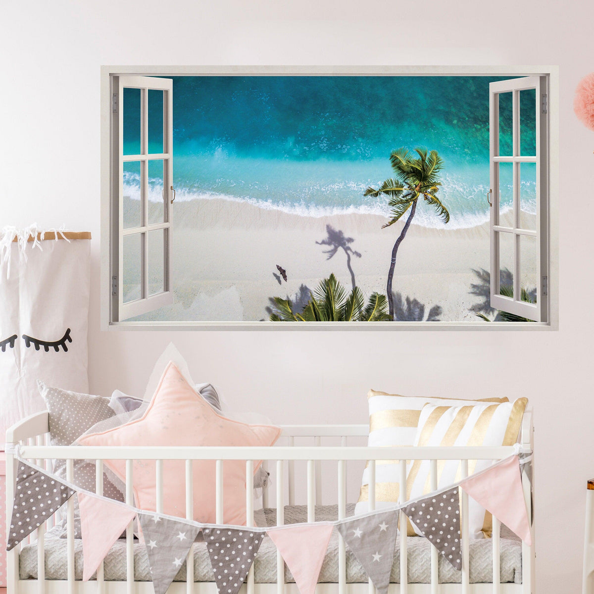 3D window beach view wall sticker depicting ocean scene with palm trees and sandy beach in a bedroom setting.
