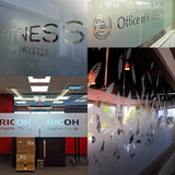 Collage of custom frosted window film decals showcasing office signage and decorative designs for privacy.