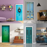 Collage of colorful doors in various interiors, showcasing unique designs and vibrant colors for door decor inspiration.