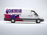 Custom branded delivery van with colorful business graphics.