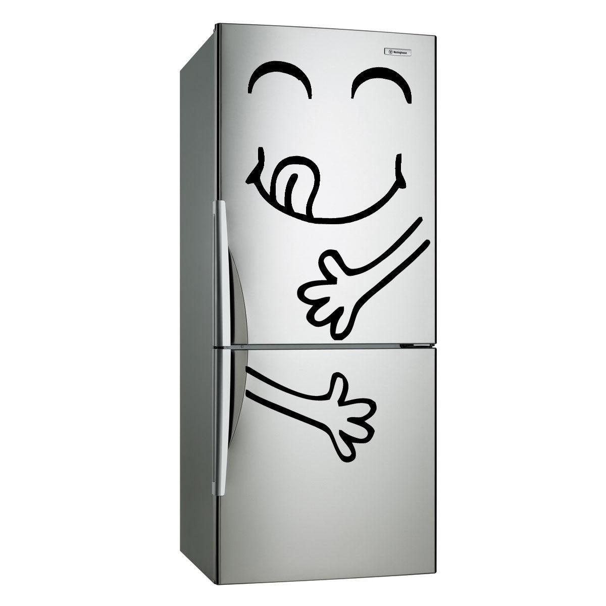 Funny happy face refrigerator decal on a stainless steel fridge, adding humor to kitchen decor.
