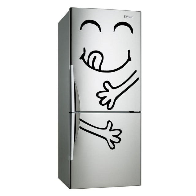 Funny happy face refrigerator decal on a stainless steel fridge, adding humor to kitchen decor.