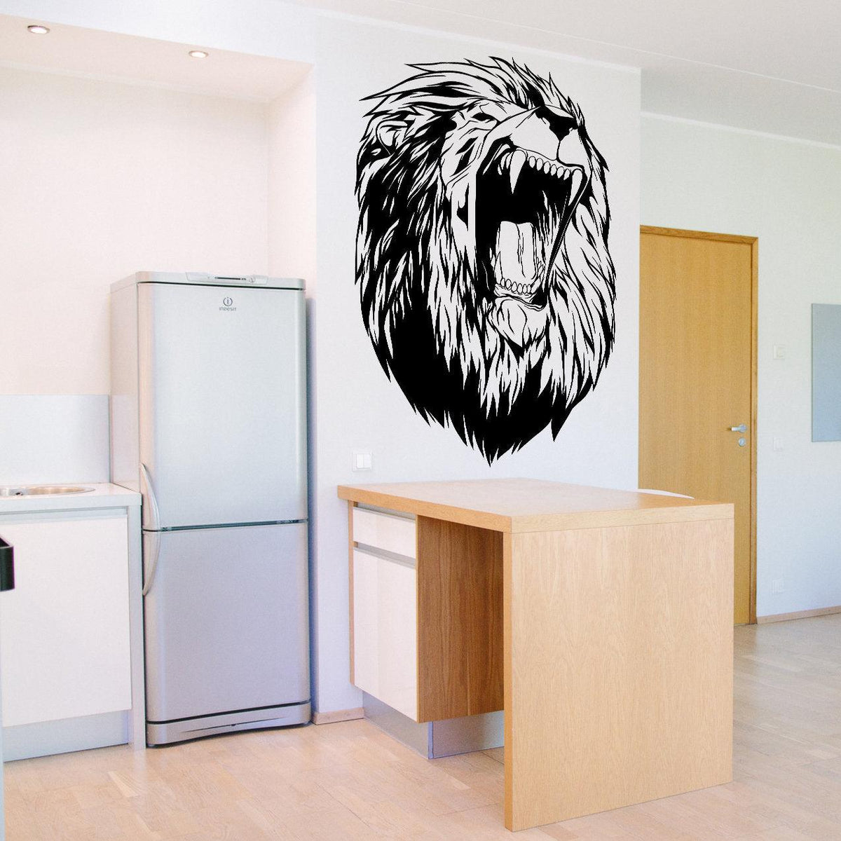 Lion head wall decal in modern kitchen, adding wild elegance and style to home decor.