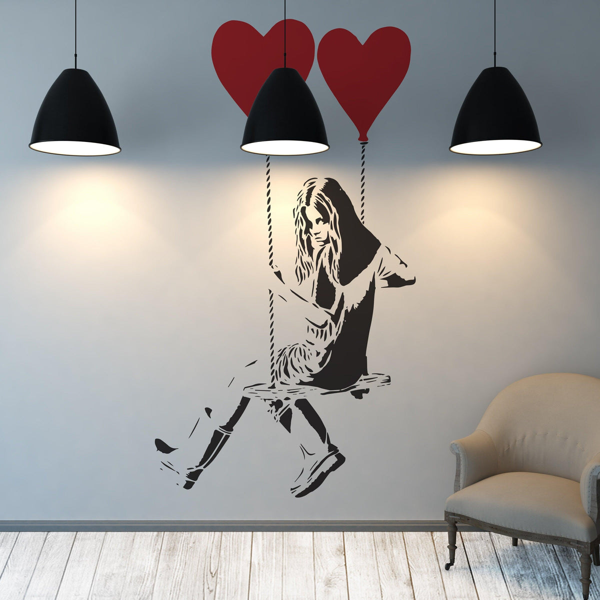 Girl with heart balloon wall sticker featuring a swing and red heart balloons.
