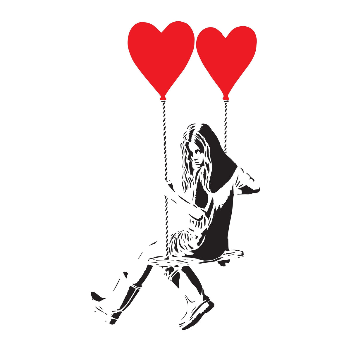 Girl on a swing with red heart balloons vinyl wall sticker.