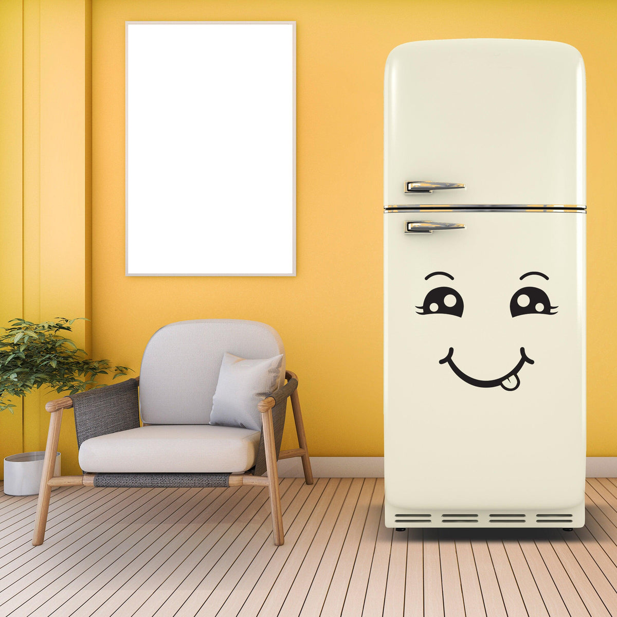 Refrigerator Happy Face Decal on a fridge in a stylish kitchen with bright yellow walls and modern seating.