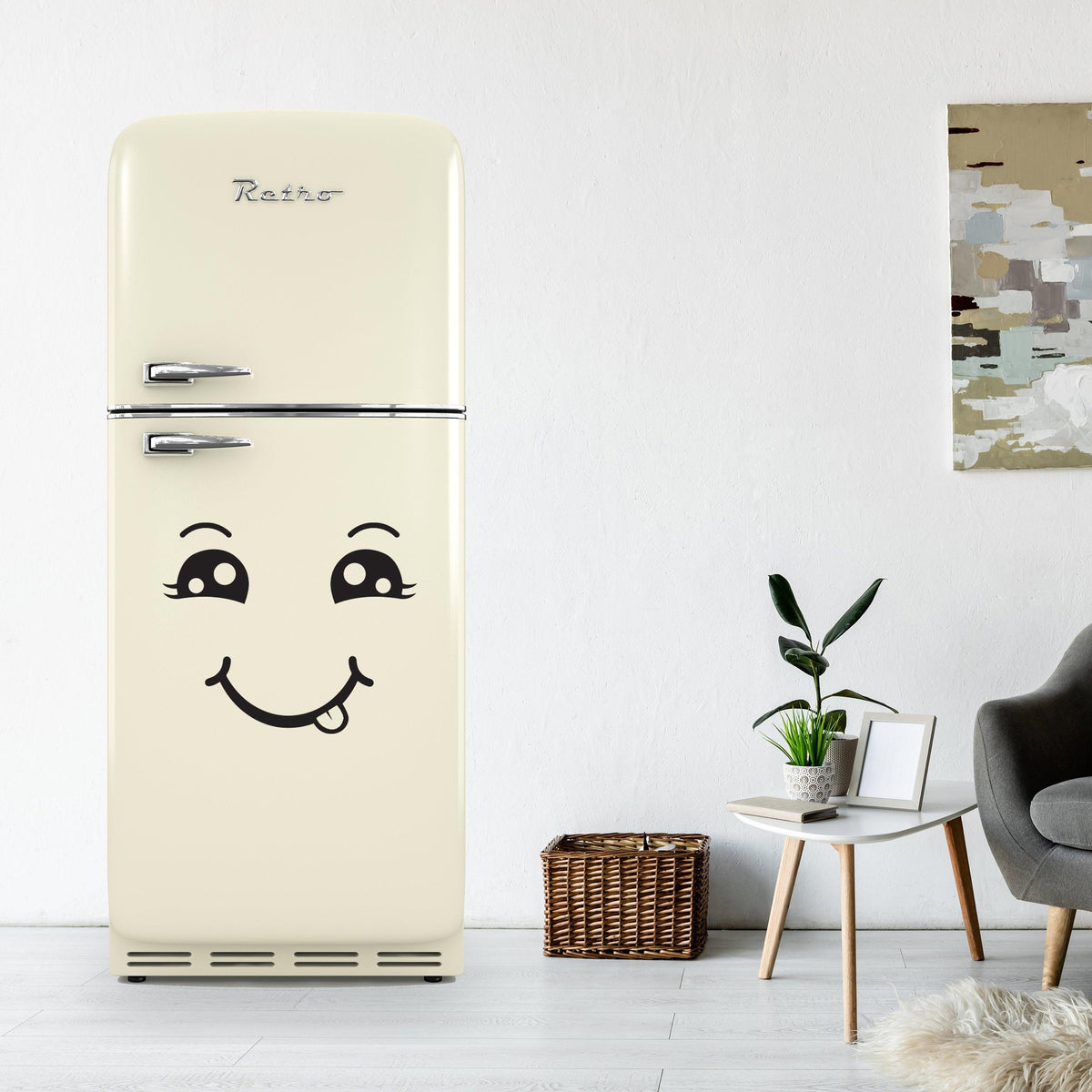 Cream-colored retro refrigerator with a happy chef face decal, brightening up a modern kitchen setting.