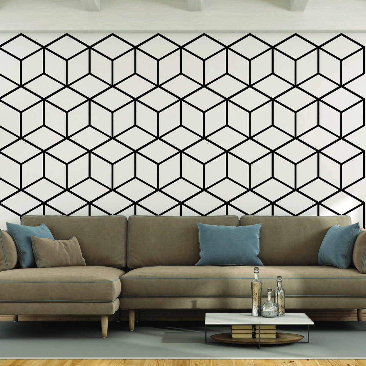 Geometric wall mural decal featuring a hexagon honeycomb design on a modern living room wall above a stylish sofa.