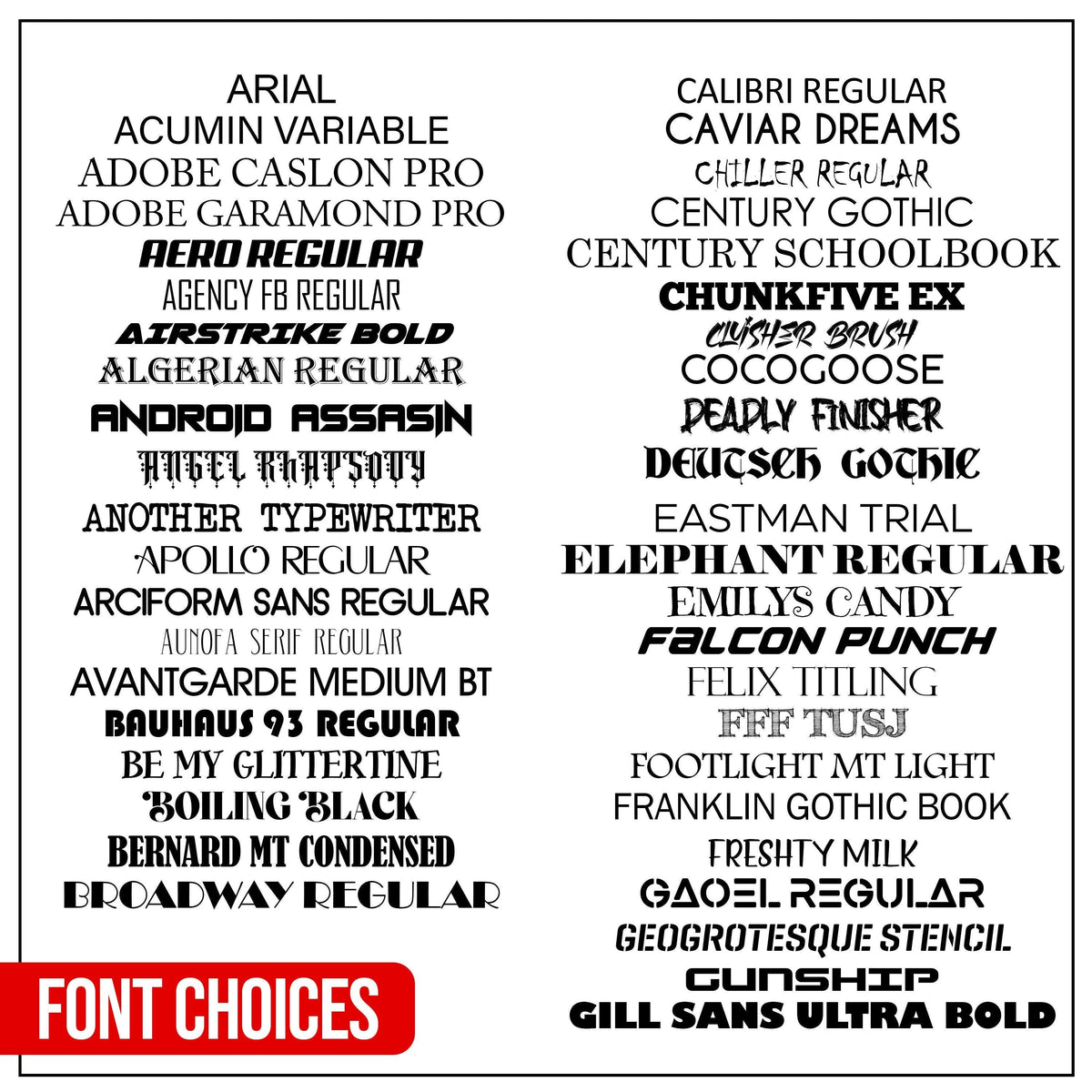 Selection of various font choices including Arial, Calibri, and Gill Sans Ultra Bold for design projects.