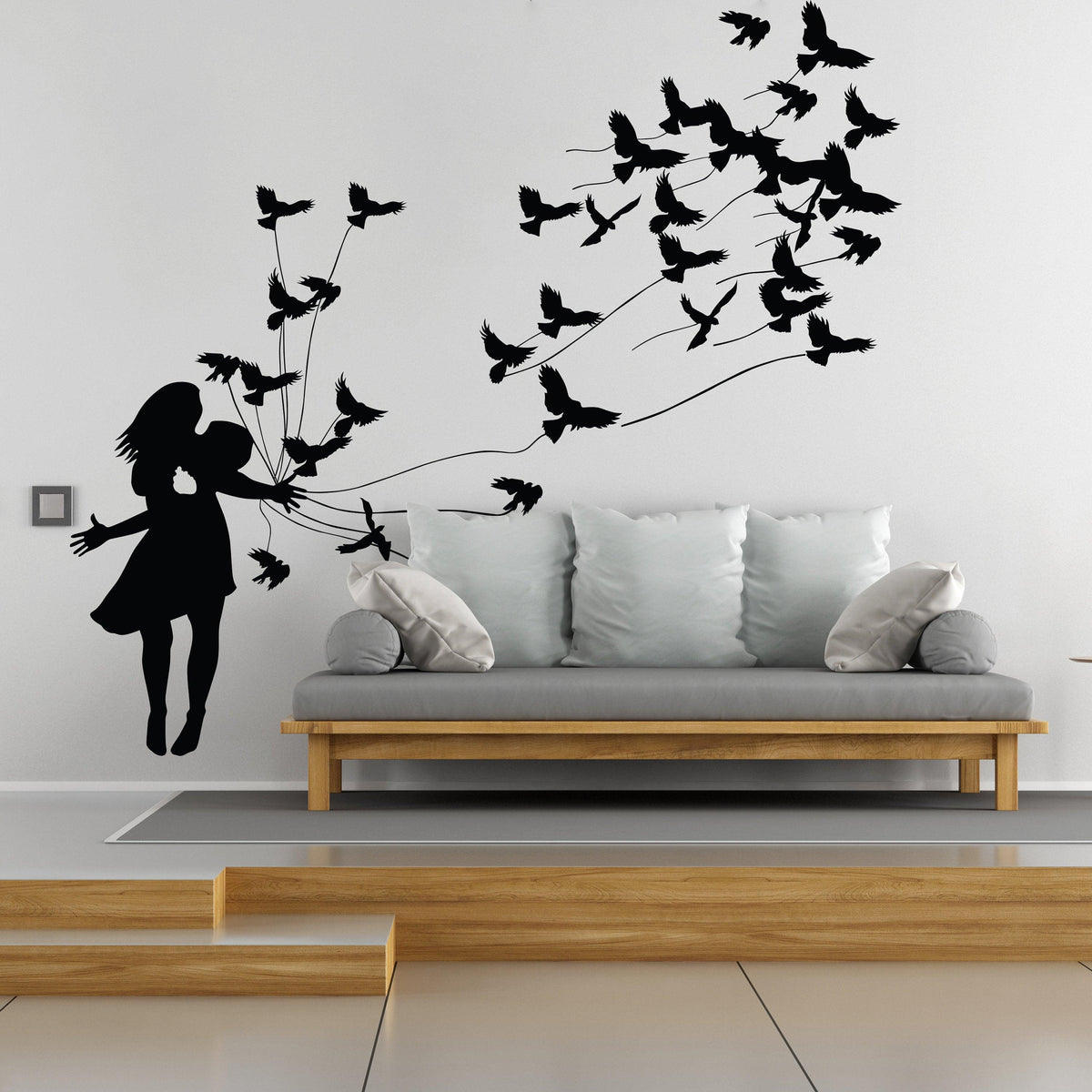 Kissing wall decal featuring a girl embracing a partner with flying birds.
