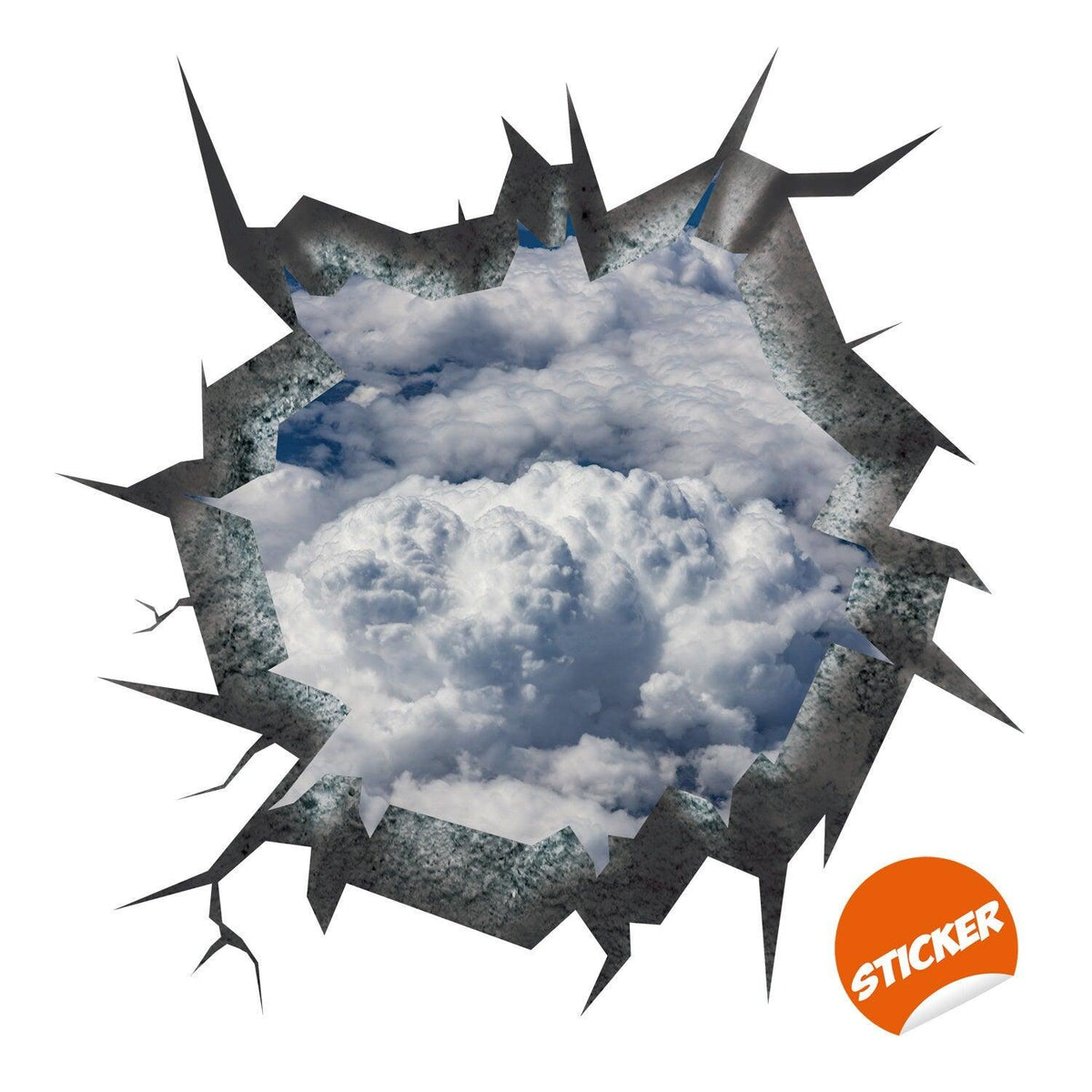 3D ceiling sticker of a blue sky with clouds breaking through a wall, adding a dreamy decor to bedrooms.