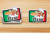 Colorful pizza-themed die cut decals featuring a cheerful chef holding a pizza.