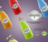 Colorful custom organic drink bottles featuring personalized logo stickers and adjustable sizes.