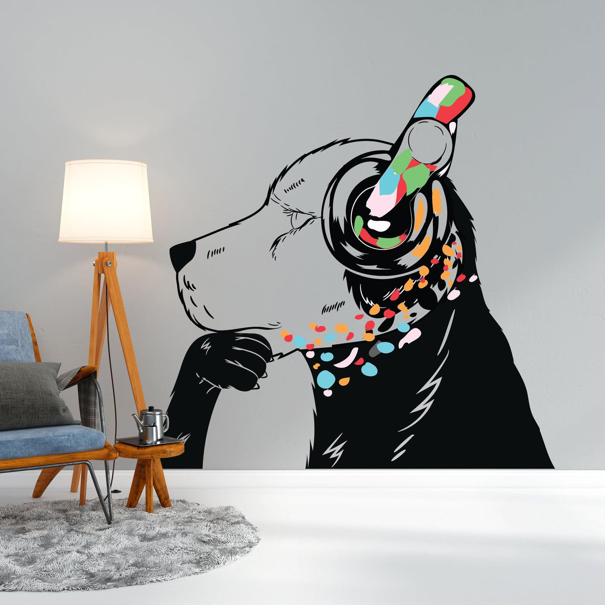 Dog in headphones wall decal showcasing urban style, inspired by Banksy graffiti art for a trendy home decor.