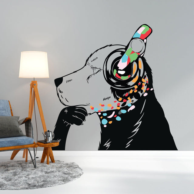 Dog in headphones wall decal showcasing urban style, inspired by Banksy graffiti art for a trendy home decor.