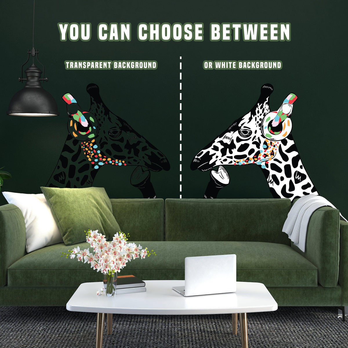 Giraffe wall art sticker design options with transparent and white backgrounds, playful decor for any space.