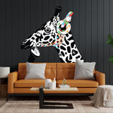 Whimsical giraffe wall art sticker with headphones on a black wall, adding creativity to modern living room decor.