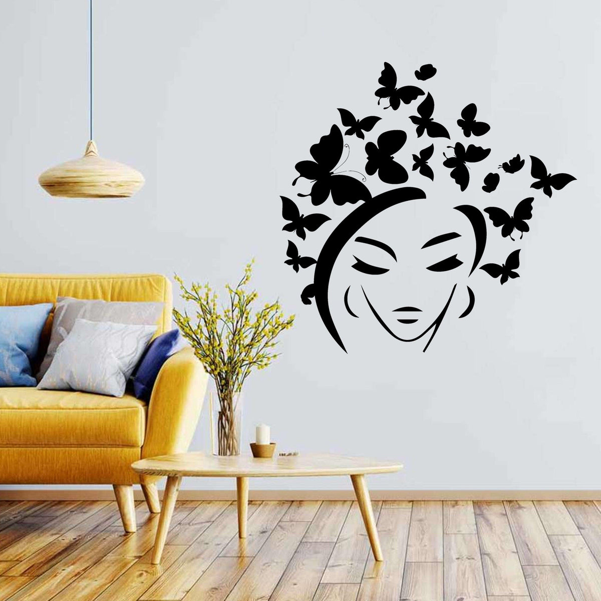 Butterfly wall sticker featuring a woman's silhouette with butterflies, enhancing home interior decor.
