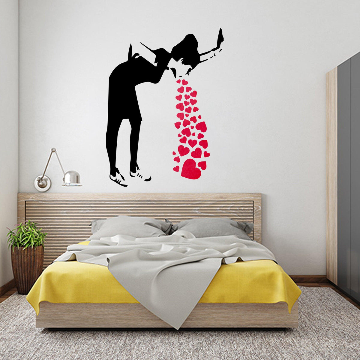 Street art style Love Sick Girl wall decal with red hearts in a modern bedroom decor.