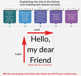 Infographic explaining the size and steps for creating custom text stickers, 8x8 inch sheet dimensions