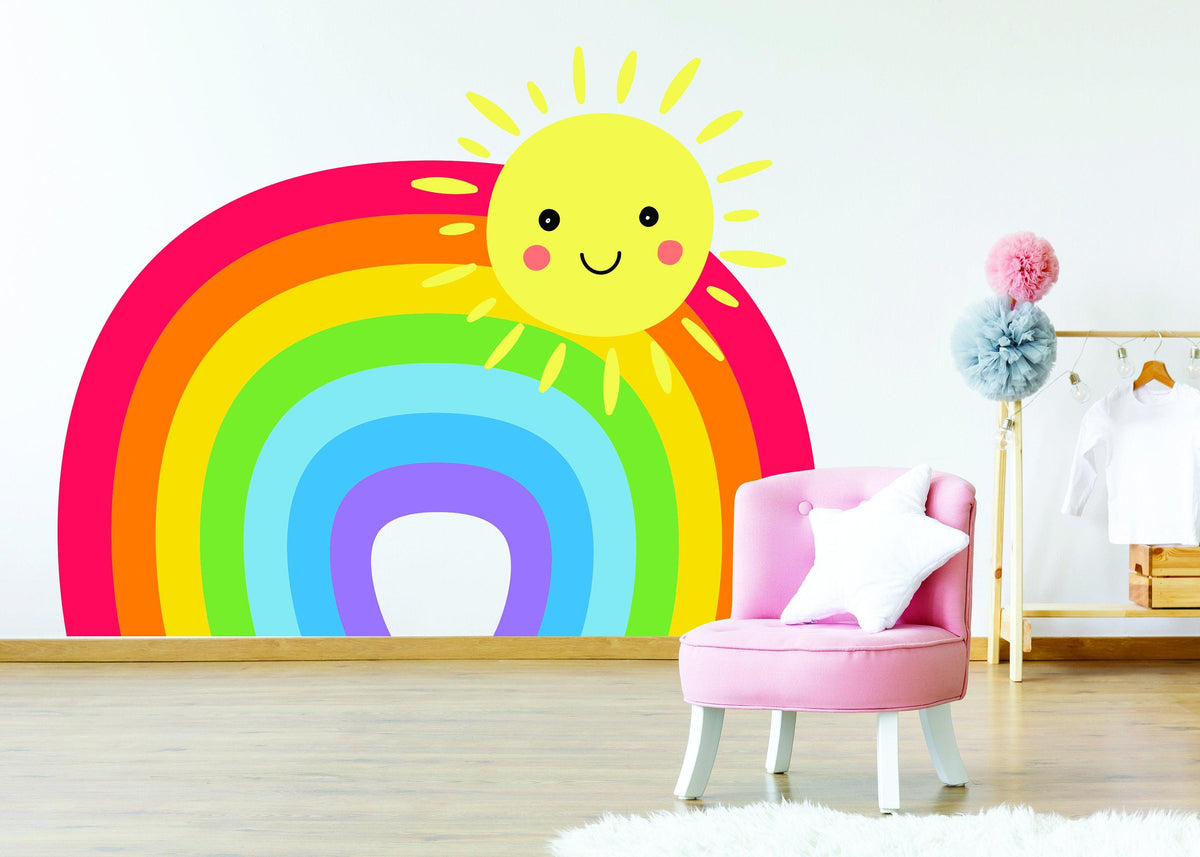 Colorful rainbow wall sticker with a smiling sun.