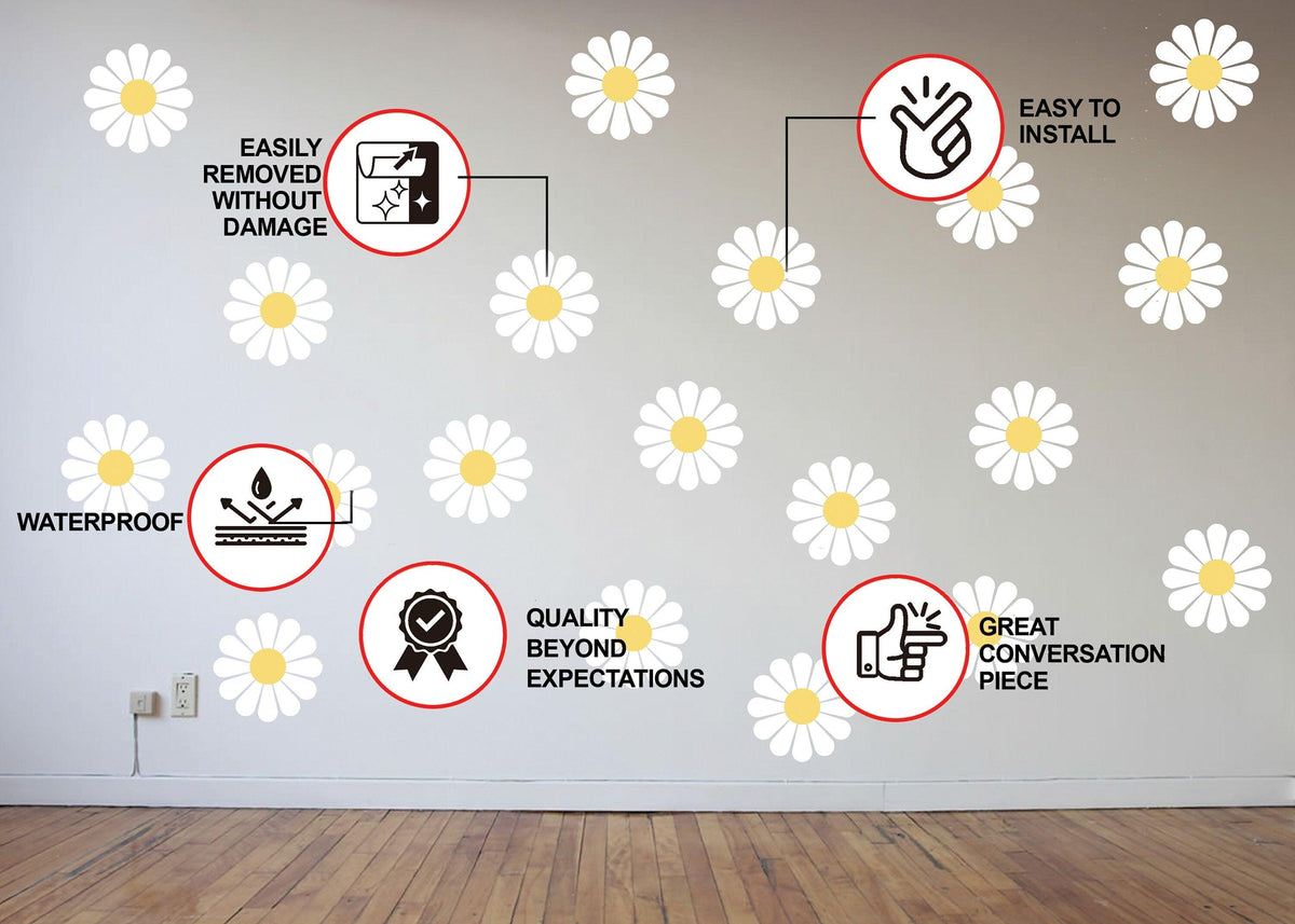 White daisy flower wall decals arranged on a wall in a bright room setting.