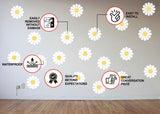 White daisy flower wall decals arranged on a wall in a bright room setting.