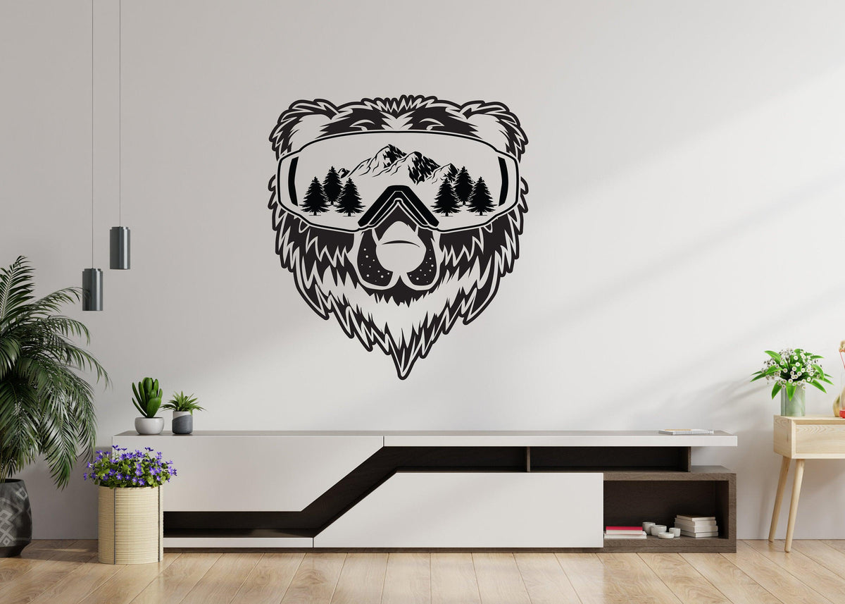 Wyoming bear wall decal with mountains and trees.